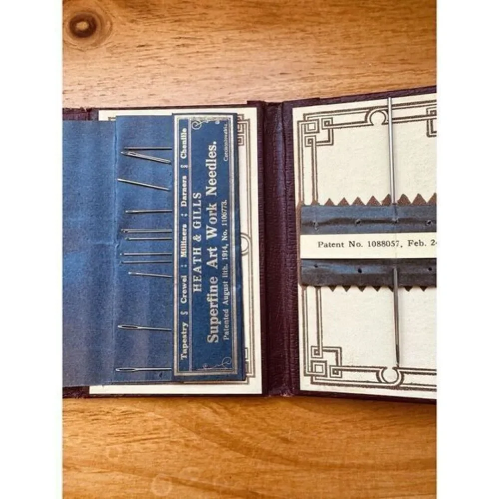 Antique Needle Booklet Double Folding Maroon With Blue Flowers‎ Czechoslovakia